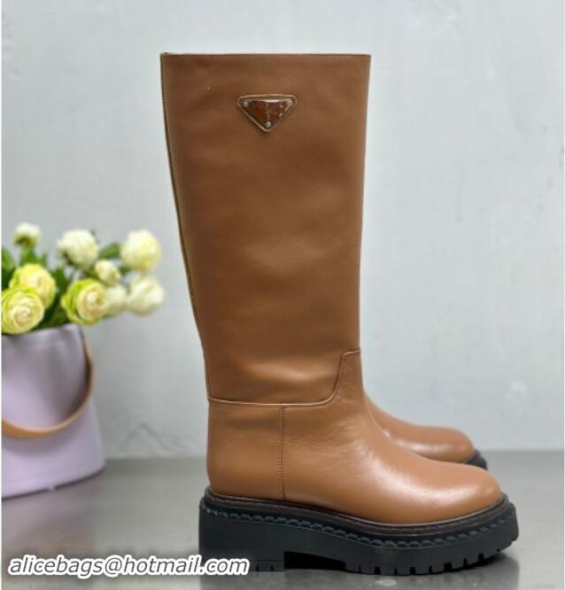 Unique Style Prada Leather Platform High Boots 5cm Brown 904024