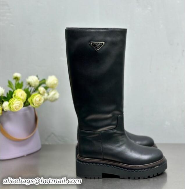 Big Discount Prada Leather Platform High Boots 5cm Black 904025