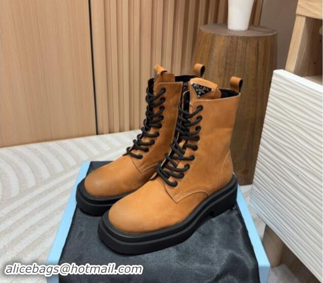 Popular Style Prada Calf Leather laced up Ankle Boots 5cm Yellow 904026