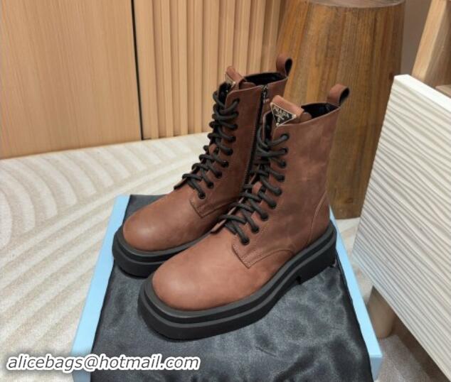 Good Looking Prada Calf Leather laced up Ankle Boots 5cm Brown 904027