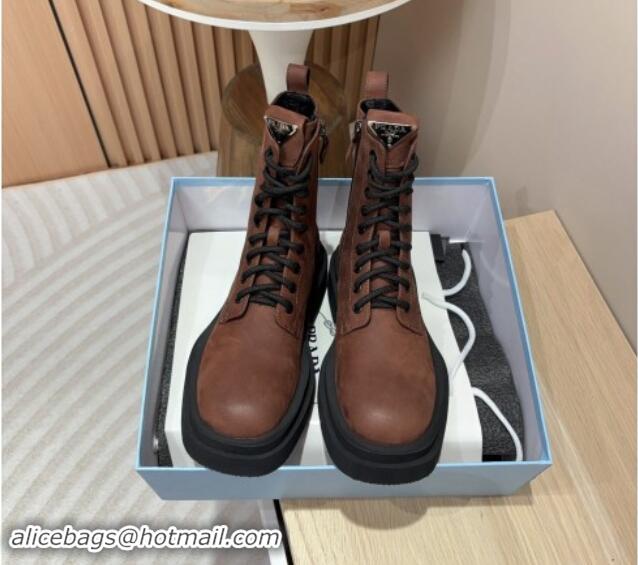 Good Looking Prada Calf Leather laced up Ankle Boots 5cm Brown 904027