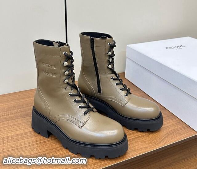 Lowest Cost Celine Triomphe Rangers Mid Lace-up Boots 5cm in Calfskin Khaki Green 813025