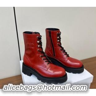 Duplicate Celine Triomphe Rangers Mid Lace-up Boots 5cm in Calfskin Red 813026