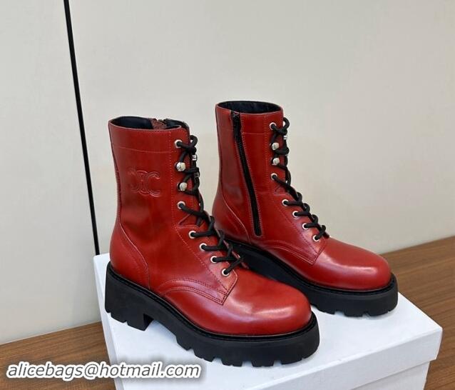 Duplicate Celine Triomphe Rangers Mid Lace-up Boots 5cm in Calfskin Red 813026