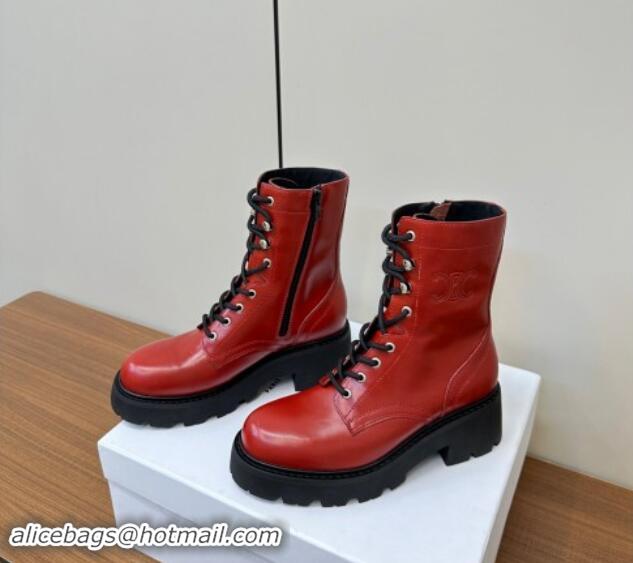 Duplicate Celine Triomphe Rangers Mid Lace-up Boots 5cm in Calfskin Red 813026