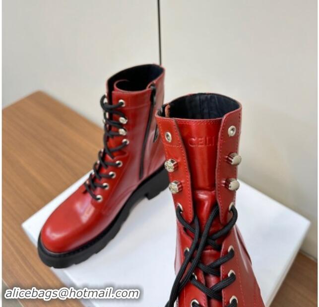 Duplicate Celine Triomphe Rangers Mid Lace-up Boots 5cm in Calfskin Red 813026