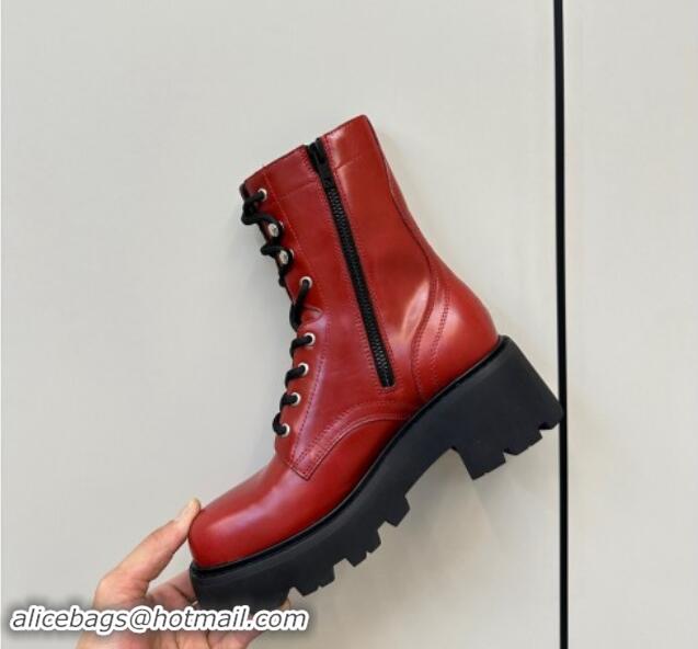 Duplicate Celine Triomphe Rangers Mid Lace-up Boots 5cm in Calfskin Red 813026