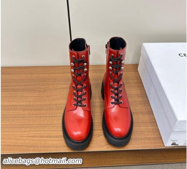 Duplicate Celine Triomphe Rangers Mid Lace-up Boots 5cm in Calfskin Red 813026