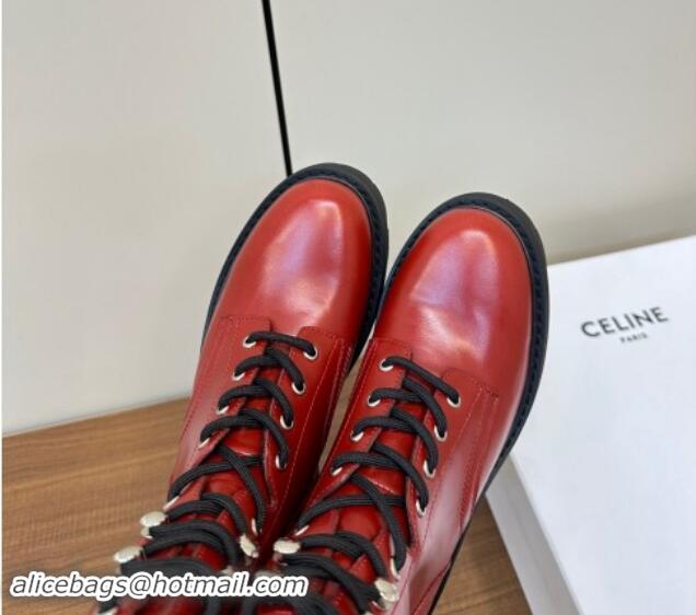 Duplicate Celine Triomphe Rangers Mid Lace-up Boots 5cm in Calfskin Red 813026