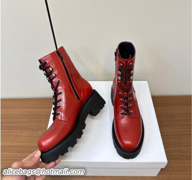 Duplicate Celine Triomphe Rangers Mid Lace-up Boots 5cm in Calfskin Red 813026