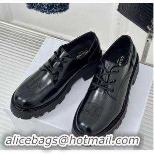 Buy Luxury Celine Triomphe Rangers Derby Lace ups with Perforated Logo in Shiny Calfskin Black 813029