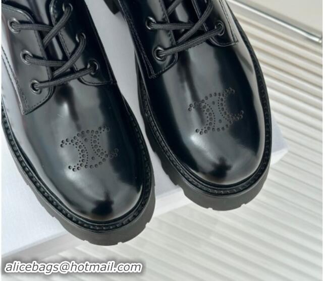 Buy Luxury Celine Triomphe Rangers Derby Lace ups with Perforated Logo in Shiny Calfskin Black 813029