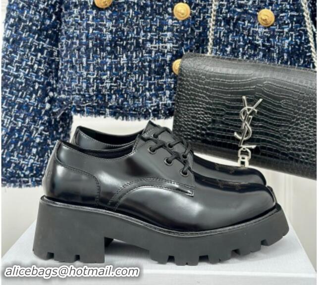 Buy Luxury Celine Triomphe Rangers Derby Lace ups with Perforated Logo in Shiny Calfskin Black 813029