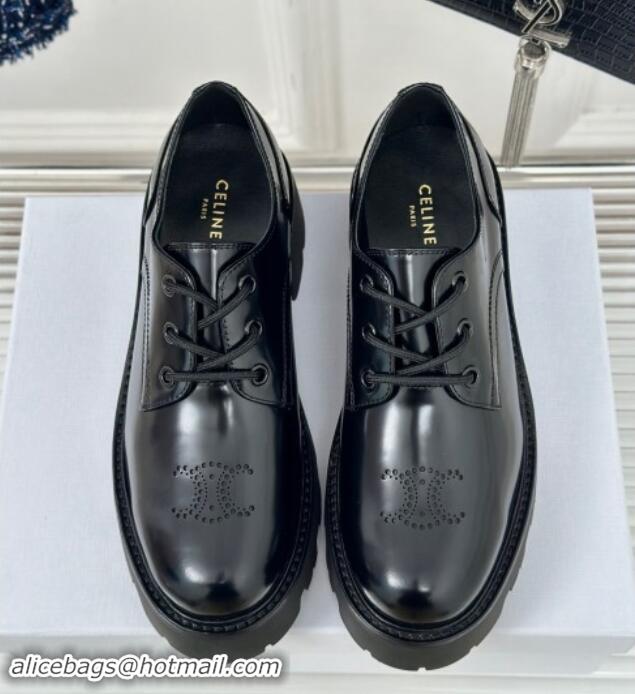 Buy Luxury Celine Triomphe Rangers Derby Lace ups with Perforated Logo in Shiny Calfskin Black 813029