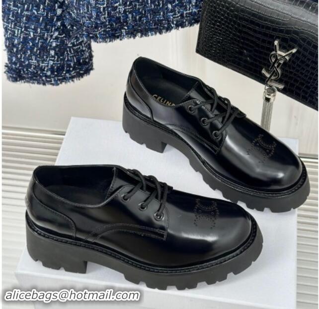 Buy Luxury Celine Triomphe Rangers Derby Lace ups with Perforated Logo in Shiny Calfskin Black 813029