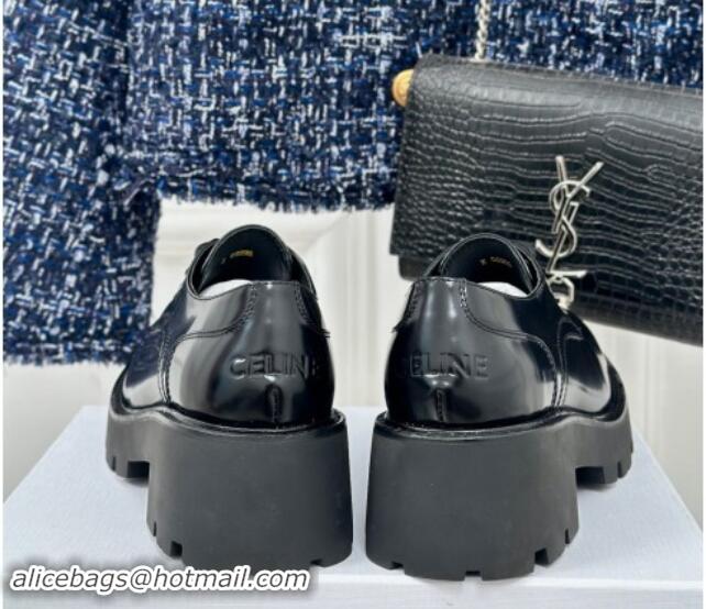 Buy Luxury Celine Triomphe Rangers Derby Lace ups with Perforated Logo in Shiny Calfskin Black 813029