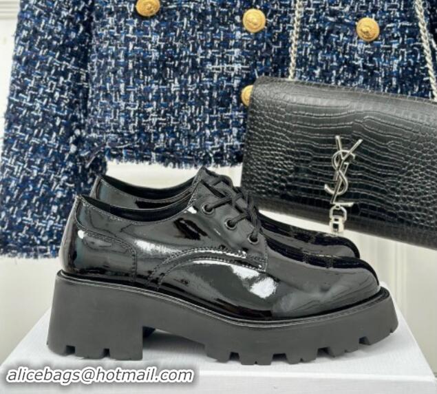 Stylish Celine Triomphe Rangers Derby Lace ups with Perforated Logo in Patent Calfskin Black 813031