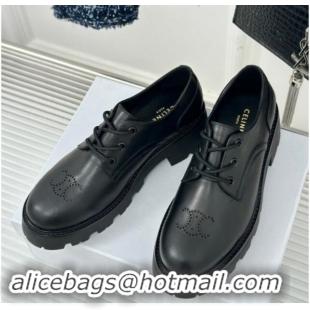 Fashion Celine Triomphe Rangers Derby Lace ups with Perforated Logo in Calfskin Leather Black 813032