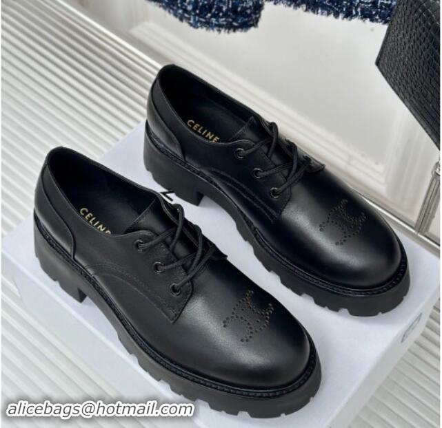 Fashion Celine Triomphe Rangers Derby Lace ups with Perforated Logo in Calfskin Leather Black 813032