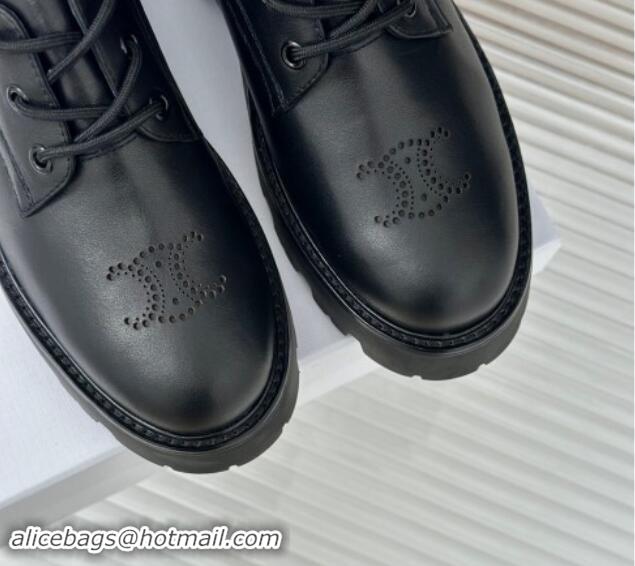 Fashion Celine Triomphe Rangers Derby Lace ups with Perforated Logo in Calfskin Leather Black 813032