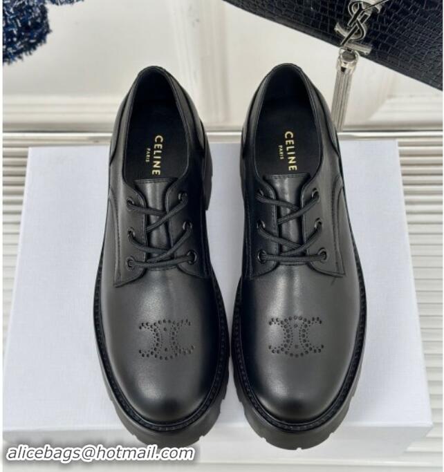 Fashion Celine Triomphe Rangers Derby Lace ups with Perforated Logo in Calfskin Leather Black 813032