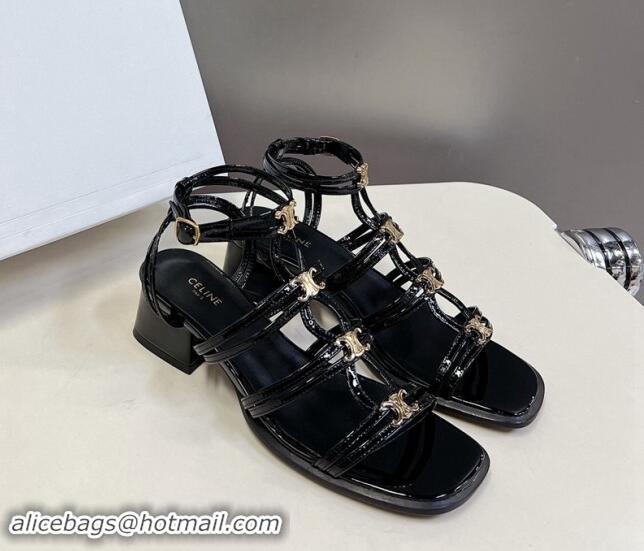 Pretty Style Celine Clemence Multi Triomphe Heel Sandals 4cm in Shiny Calfskin Black 813033