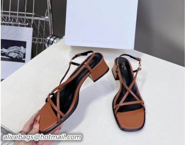 Big Discount Celine Soir Criss Cros Triomphe Heel Sandals 4cm in Calfskin Brown 813040