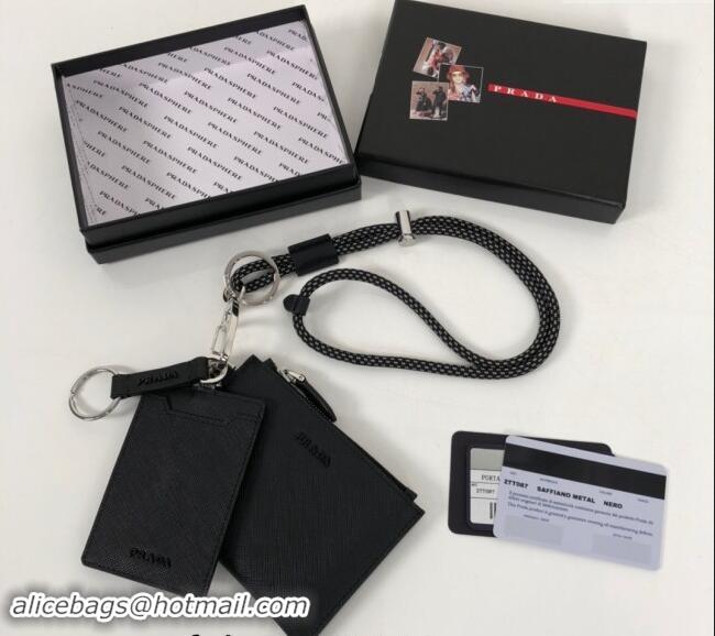 Promotional Prada Saffiano leather Key Pouch and Card Holder Set 2TT087 Black 2024