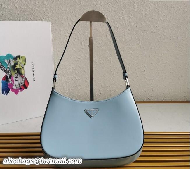 Luxury Cheap Prada Cleo Brushed Leather Hobo Bag 1BC499 Celeste Blue 2024