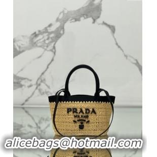 Top Grade Prada Mini crochet straw and leather tote bag 1BG501 Dark Beige/Black 2024