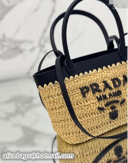 Top Grade Prada Mini crochet straw and leather tote bag 1BG501 Dark Beige/Black 2024