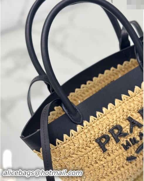 Top Grade Prada Mini crochet straw and leather tote bag 1BG501 Dark Beige/Black 2024