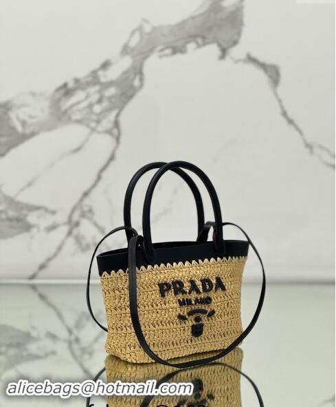 Top Grade Prada Mini crochet straw and leather tote bag 1BG501 Dark Beige/Black 2024