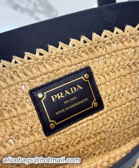 Top Grade Prada Mini crochet straw and leather tote bag 1BG501 Dark Beige/Black 2024