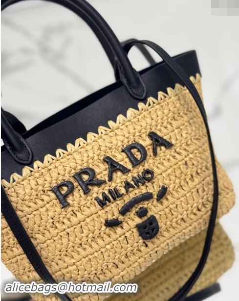 Top Grade Prada Mini crochet straw and leather tote bag 1BG501 Dark Beige/Black 2024