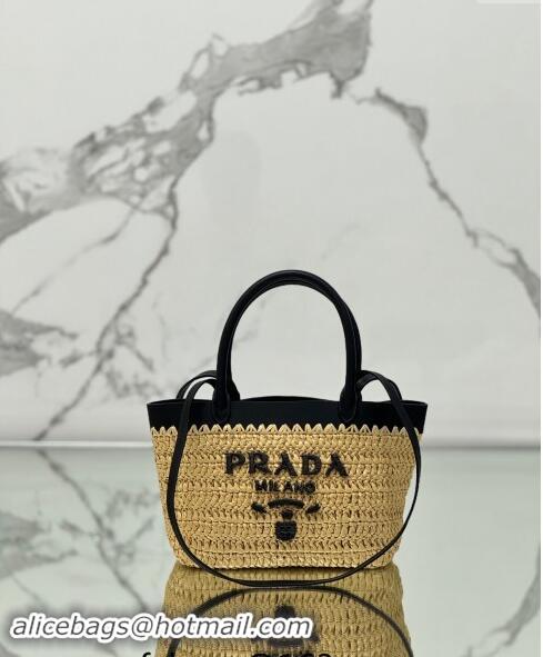 Top Grade Prada Mini crochet straw and leather tote bag 1BG501 Dark Beige/Black 2024