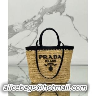 Top Grade Prada Small crochet straw and leather tote bag 1BG500 Dark Beige/Black 2024