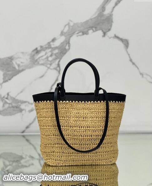 Top Grade Prada Small crochet straw and leather tote bag 1BG500 Dark Beige/Black 2024