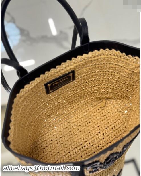 Top Grade Prada Small crochet straw and leather tote bag 1BG500 Dark Beige/Black 2024