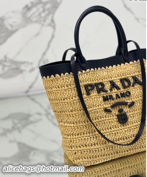 Top Grade Prada Small crochet straw and leather tote bag 1BG500 Dark Beige/Black 2024