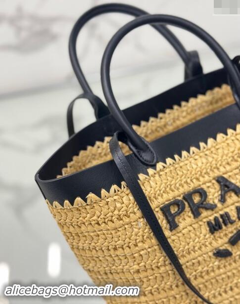 Top Grade Prada Small crochet straw and leather tote bag 1BG500 Dark Beige/Black 2024