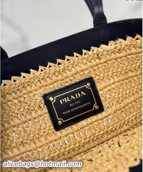 Top Grade Prada Small crochet straw and leather tote bag 1BG500 Dark Beige/Black 2024