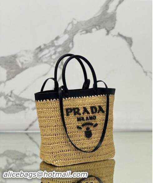 Top Grade Prada Small crochet straw and leather tote bag 1BG500 Dark Beige/Black 2024