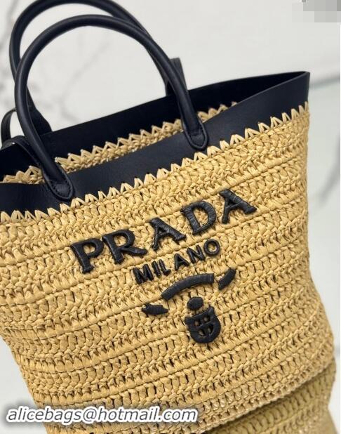 Top Grade Prada Small crochet straw and leather tote bag 1BG500 Dark Beige/Black 2024