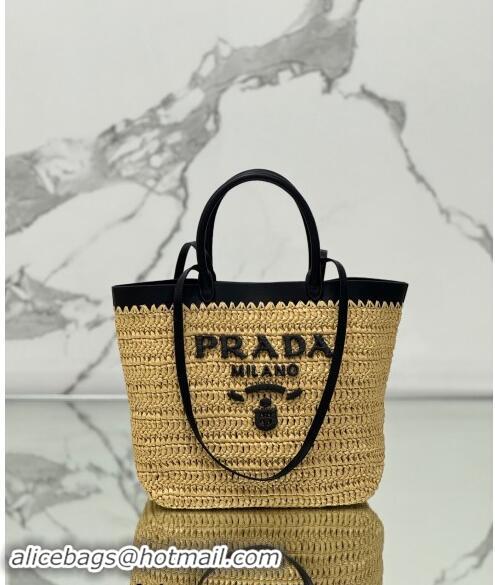 Top Grade Prada Small crochet straw and leather tote bag 1BG500 Dark Beige/Black 2024