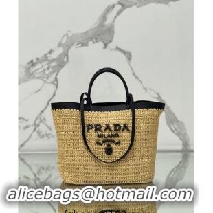 Top Design Prada Medium crochet straw and leather tote bag 1BG499 Dark Beige/Black 2024