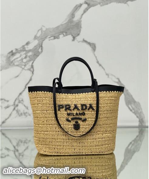 Top Design Prada Medium crochet straw and leather tote bag 1BG499 Dark Beige/Black 2024