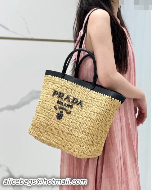 Top Design Prada Medium crochet straw and leather tote bag 1BG499 Dark Beige/Black 2024