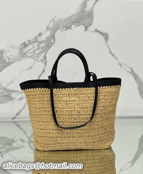 Top Design Prada Medium crochet straw and leather tote bag 1BG499 Dark Beige/Black 2024