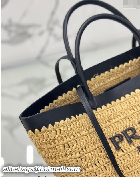 Top Design Prada Medium crochet straw and leather tote bag 1BG499 Dark Beige/Black 2024